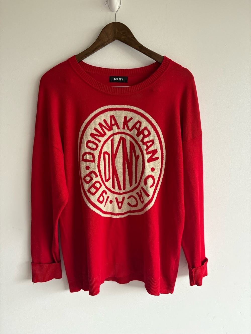 DKNY Red Logo Sweater Large Graphic Knit Crewneck - Picture 2 of 8